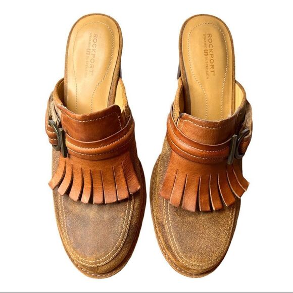 ROCKPORT Dynamic Suspension Leather Clog Mules 3" Heel in Browns Size 7.5 - Picture 3 of 11
